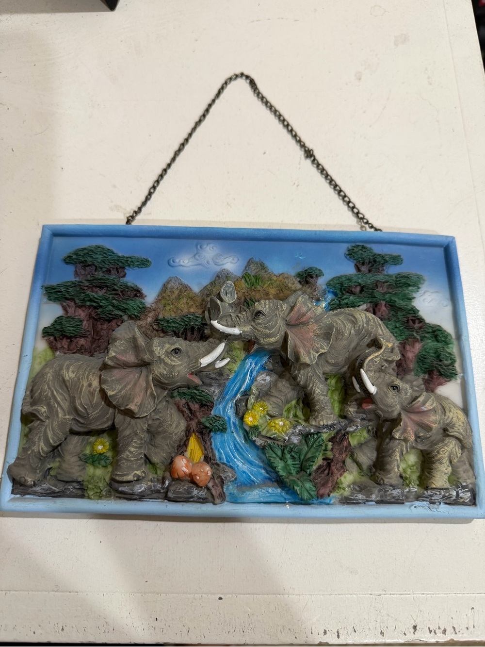Elephant Family Wall Plaque in Blue Frame